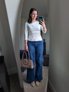 white Zesica top Amazon fashion wide leg jeans thrifted bag faux valentino rockstuds