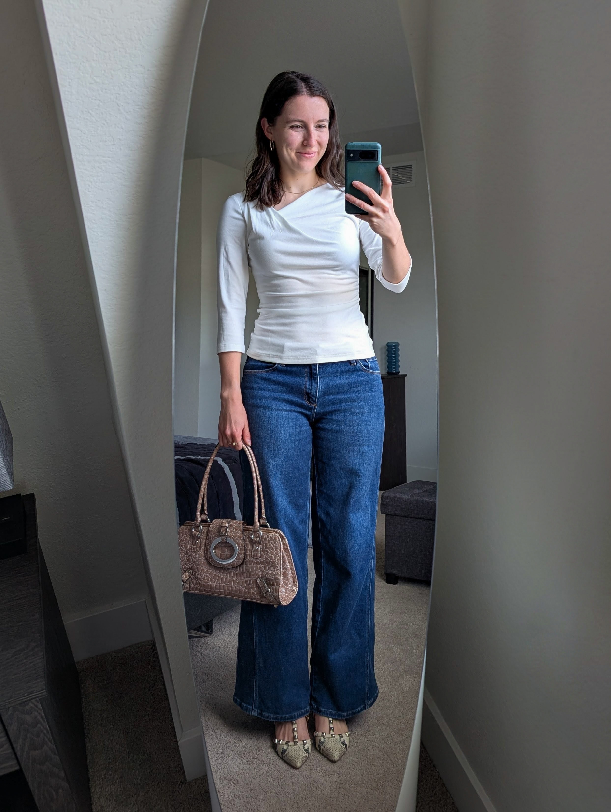 white Zesica top Amazon fashion wide leg jeans thrifted bag faux valentino rockstuds