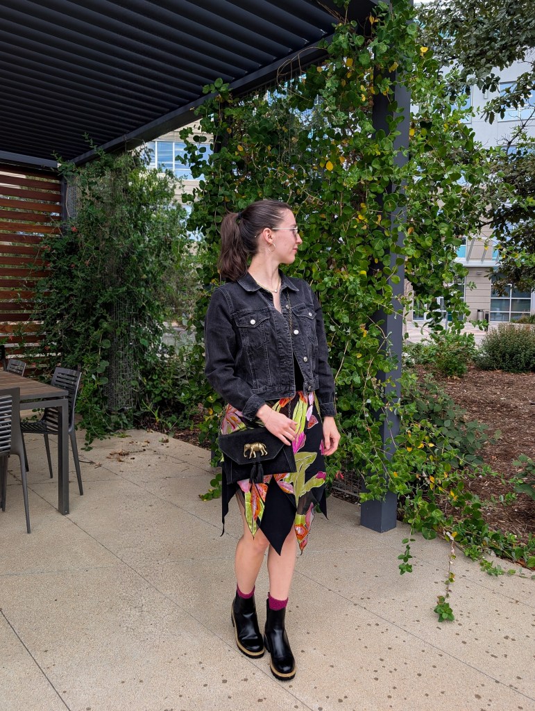 black denim jacket hand-me-down vintage skirt black chelsea boots