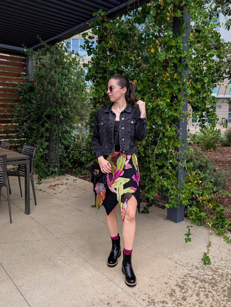 tropical skirt styled for fall black chelsea boots denim jacket