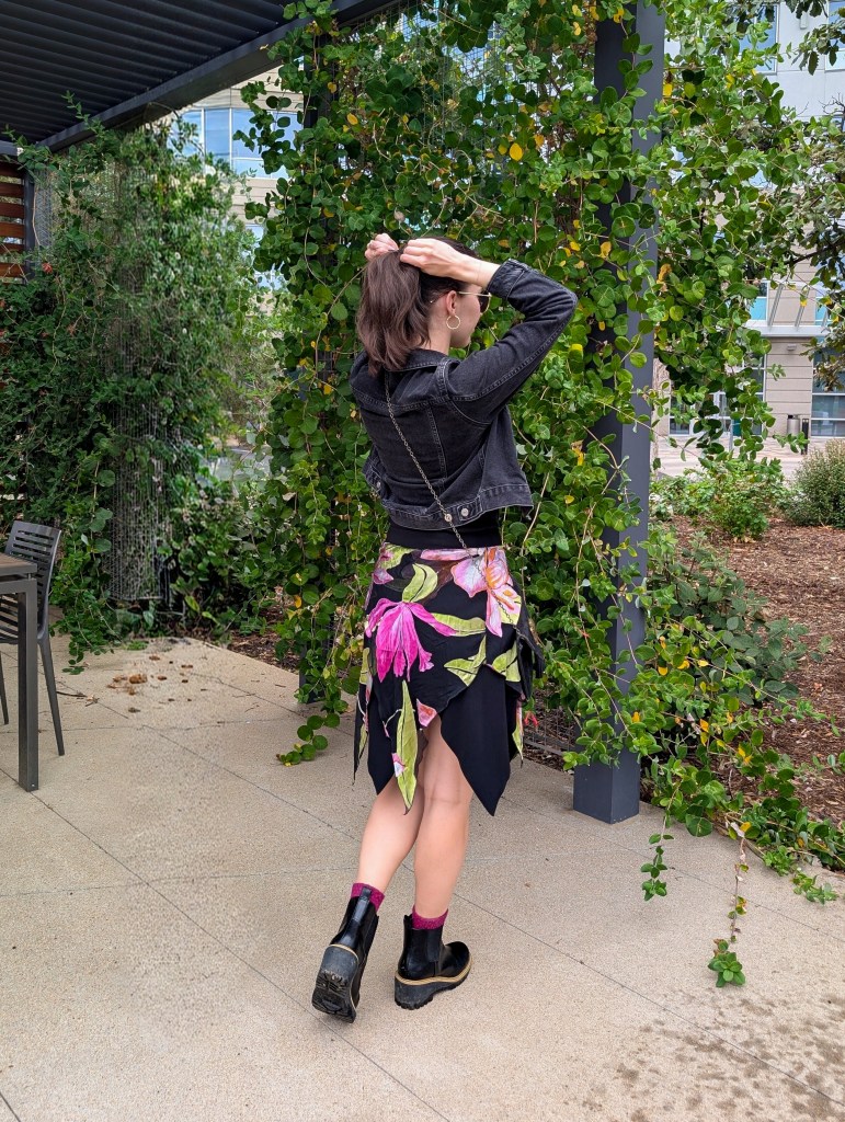 tropical skirt for fall black denim jacket month in review monthly recap