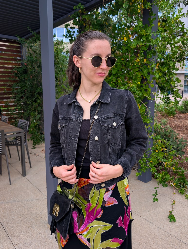 retro round sunglasses gold hoops denim jacket black top