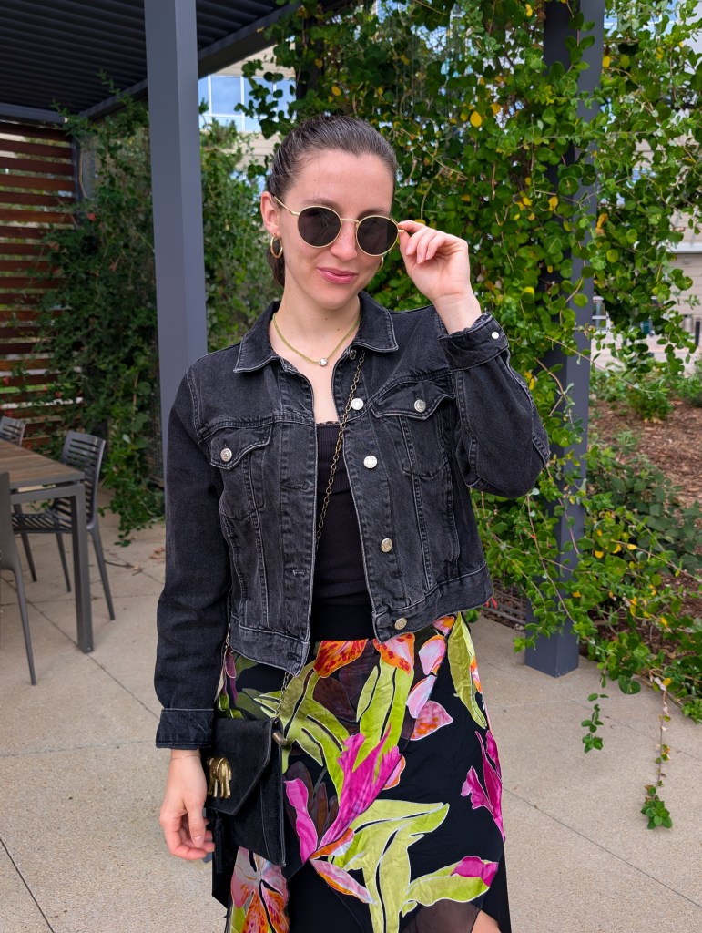 black denim jacket black top retro round sunglasses tropical skirt vintage