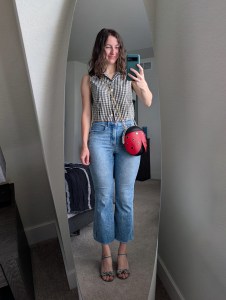 gingham collared top cropped flared jeans black bow sandal heels ladybug purse Kate Spade NY