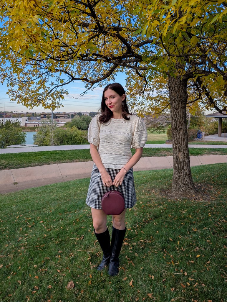 puff sleeve sweater black knee boots fall outfits autumn style