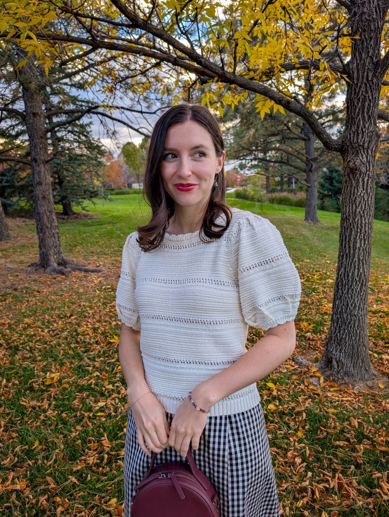 puff sleeve sweater gingham skirt maroon purse hand-me-down fashion
