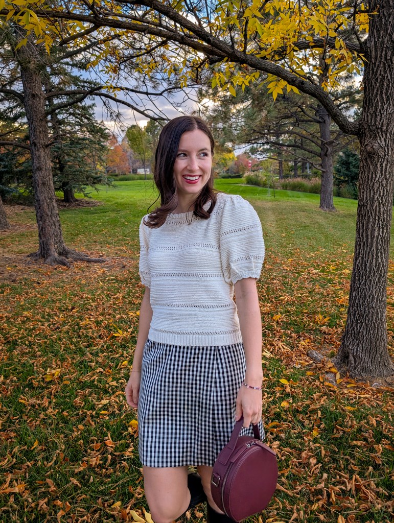 fall fashion secondhand style white puff sleeve top gingham skirt
