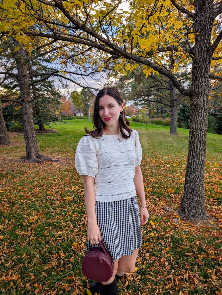 white puff sleeve sweater gingham skirt vintage maroon circle purse