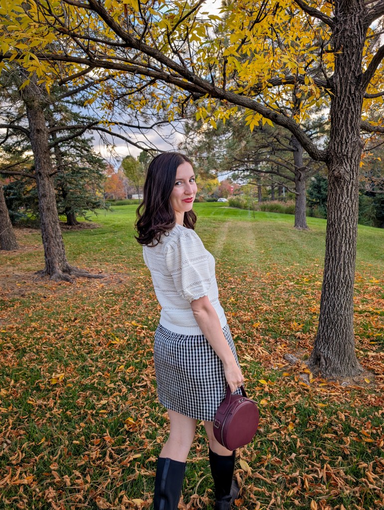 gingham skirt black knee boots preppy fashion outfit maroon circle purse fall fashion